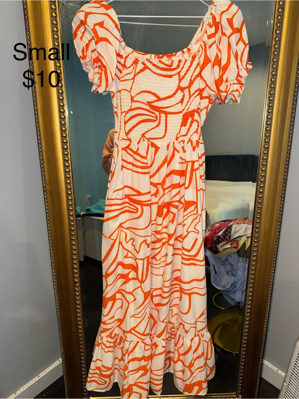 Women’s White and Orange Puff-Sleeve Maxi Dress